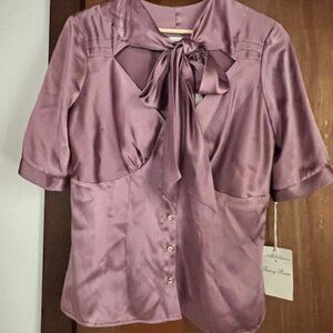 Tracy Reese Mauve Silk Tie Bow Front Blouse w/ Jeweled Buttons NWT Sz 8